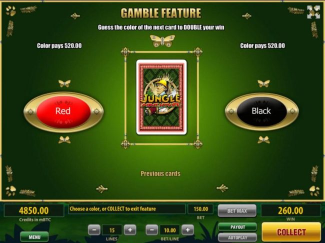 Gamble Feature - To gamble any win press Gamble then select Red or Black.