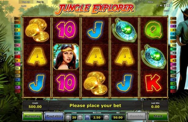 A jungle adventure themed main game board featuring five reels and 20 paylines with a $100,000 max payout