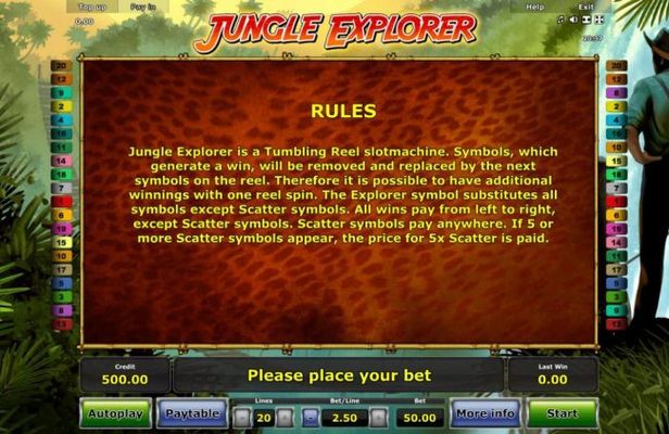 General Game Rules - Jungle Explorer is a tumboling reel slotmachine. Symbols, which generate a win, will be removed and replaced by the next symbols on the reel.