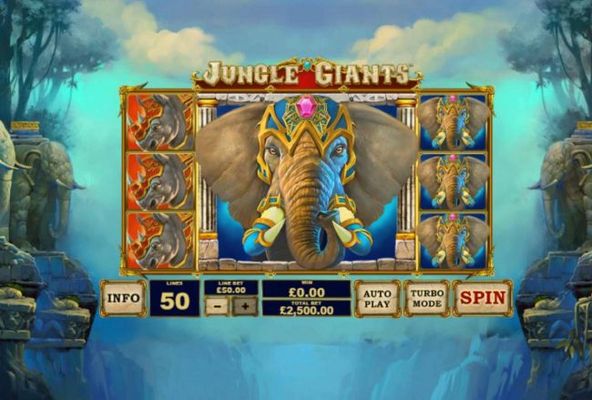 Main game board featuring five reels and 50 paylines with a $2,500,000 max payout.