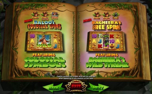 Baloos Colossal Spins featuring colossal symbols and Bagheeras Free Spins featuring Bagheeras Wild Streak.
