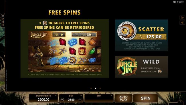 3 Aztec calendar scatter symbols triggers 10 free spins! Free spins can be re-triggered.