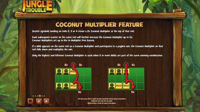 Coconut Multiplier Feature - Scatter symbols landing on reels 2, 3 or 4 create a 2x Coconut Muiltiplier at the top of the reel.