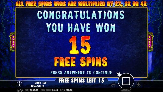 15 free spins awarded