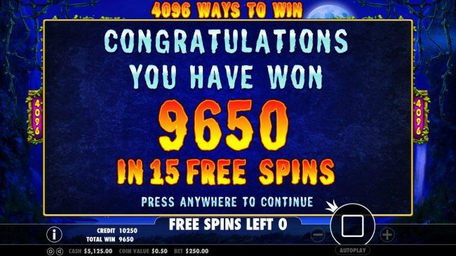 Free Spins game pays out a total of 9650 credits