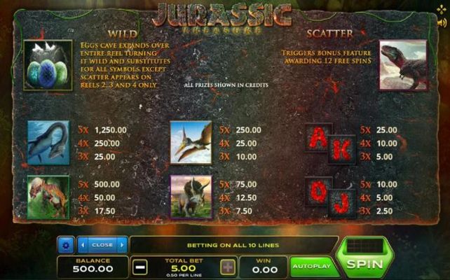 Slot game symbols paytable featuring dinosaur inspired icons.