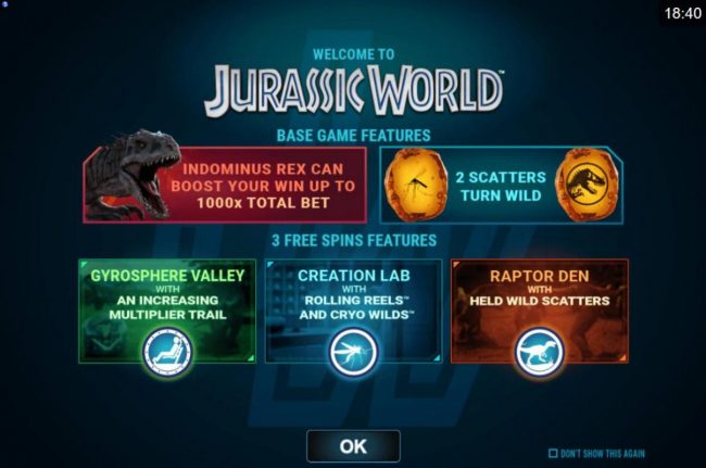 Basic game features include: Indominus Rex can boost your win up to 1000x total bet, two scatters turn wild and three free spins features