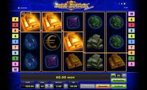 three gold bar symbols triggers a 60.00 coin jackpot