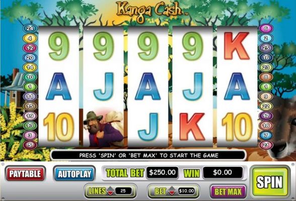 An Australian kangaroo themed main game board featuring five reels and 25 paylines with a $100,000 max payout.