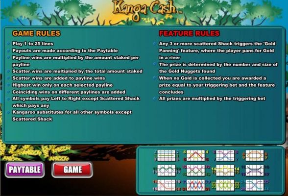 General Game Rules, Bonus Feature and Payline Diagrams 1-25.