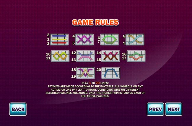 Payline Diagrams 1-20. All symbols on any active payline pay left to right