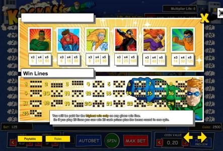 Slot game symbols paytable and payline diagrams