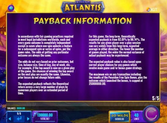 Payback Information - Theoretical return To Player is from 92.01% to 96.14%. The maximum win on any transaction is capped at 25,000,000.