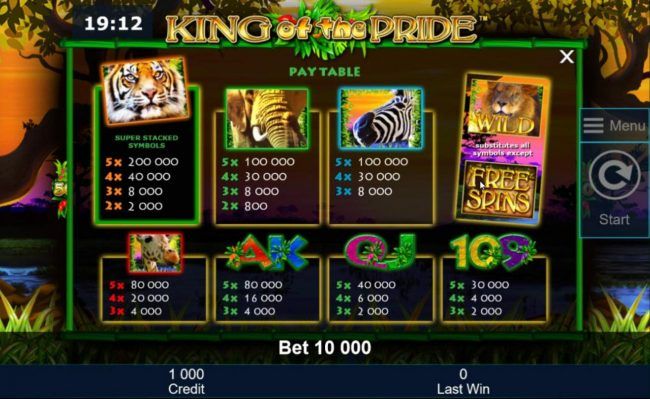 Slot game symbols paytable featuring wild animal inspired icons.
