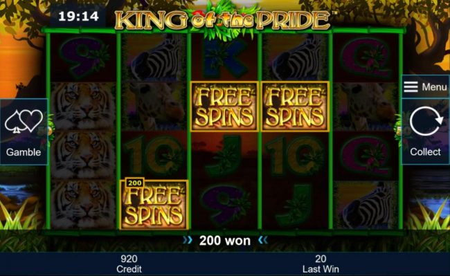 Three Free Spins scatter symbols triggers a 200 coin payout and awards Free Games Bonus.