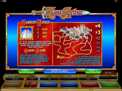camelot bonus and quest game rules and paytable