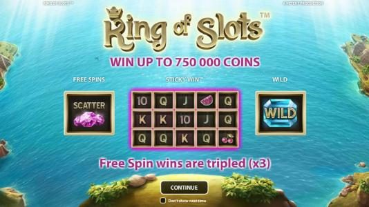 features include free spins, sticky win and wild. Win up to 750,000 coins. Free spin wins are tripled (x3)