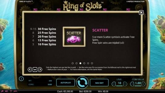 Scatter - 5 or more scatter symbols activates free spins. Free Spin wins are tripled (x3)