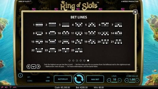 Payline Diagrams 1-25. Only the highest win per line is paid. Bet line wins pay if in succession from the leftmoest reel to the rightmost reel.