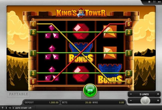 A royal gemstone themed main game board featuring three reels and 5 paylines with a $12,000 max payout