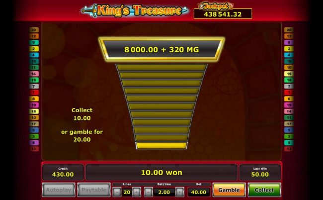 Gamble feature is available after every winning spin. Click the gamble button for a chance to increase your winnings, your odds are 50/50