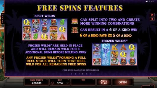 Free Spins Feature - Split Wilds - Wilds can split into two and create more winning combinations. Frozen Wilds are held in place and will remain wild for 3 additional spins before melting away