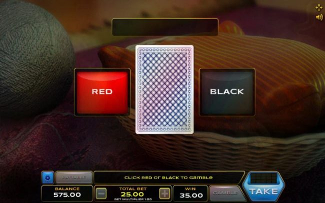 Gamble feature game board is available after every winning spin. For a chance to increase your winnings, select the correct color of the next card or take win.