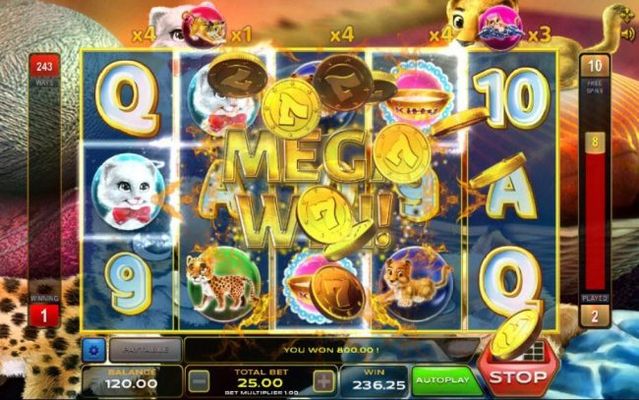 An 800.00 mega win triggered during the free spins feature.