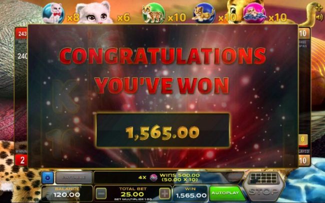 The free spins feature pays out a total of 1,565.00
