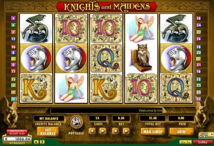 Main game board featuring five reels and 25 paylines with a $50,000 max payout