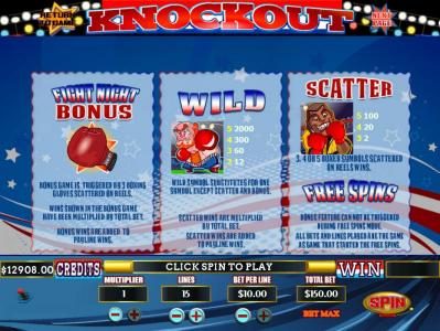 Fight Night Bonus Game is triggered by 3 bonus Boxing Clove symbols scattered on reels. Wild symbol substitutes for one symbol except scatter and bonus. Scatter, 3, 4 or 5 Money Bag symbols scattered on reels wins Free Spins.