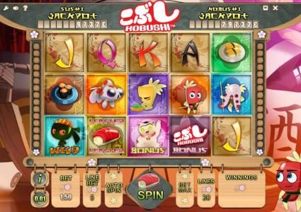 main game board featuring five reels and thirty paylines with two progressive jackpots