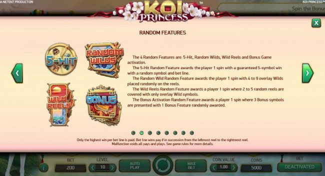 Random Features - The 4 random features are: 5-Hit, Random Wilds, Wild Reels and Bonus Game Activation.