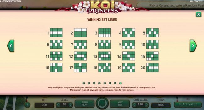 Payline Diagrams 1-20 - Only the highest win per line is paid. Bet line wins pay if in succession from leftmpst reel to the rightmost reel.