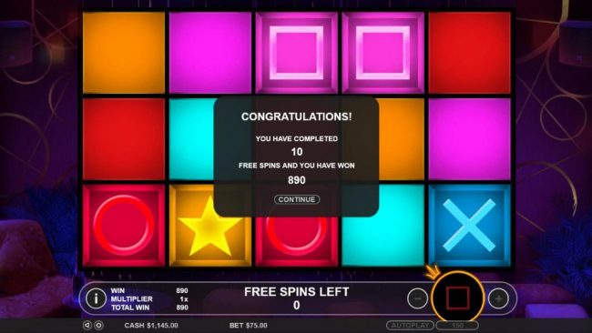 After completing 10 free spins, an 890 coin jackpot is awarded.