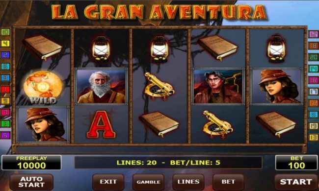 Main game board featuring five reels and 20 paylines with a $50,000 max payout.