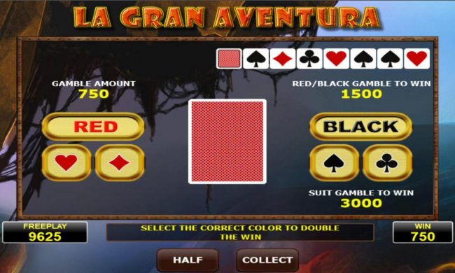 Gamble Feature - To gamble any win press Gamble then select Red or Black or suit