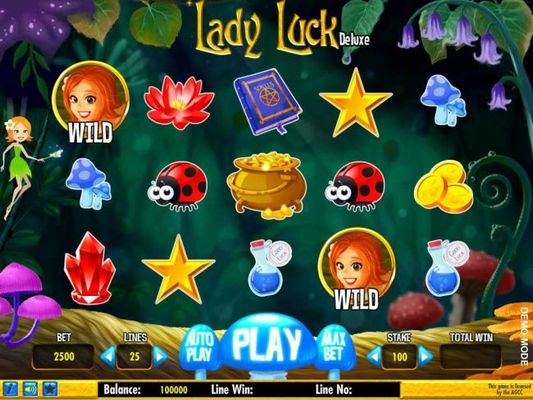 Main game board featuring five reels and 25 paylines with a $10,000 max payout.