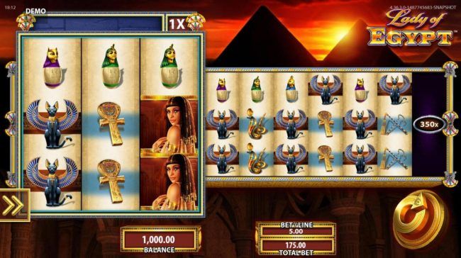 An ancient Egyptian themed main game board featuring ten reels and 9 paylines with a $250,000 max payout