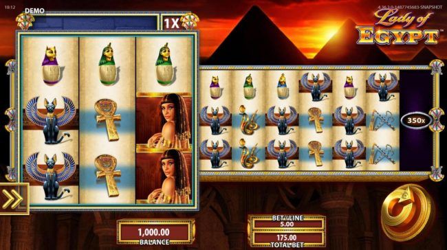 An ancient Egyptian themed main game board featuring ten reels and 9 paylines with a $250,000 max payout