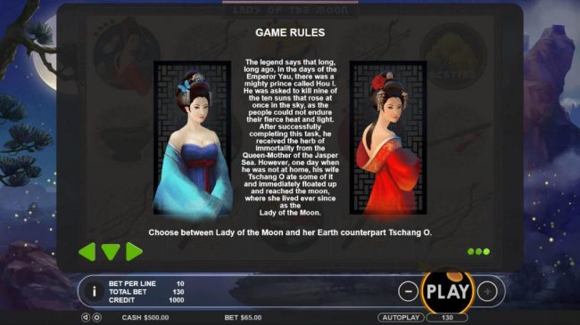 Bonus Game Rules - Choose between the Lady of the Moon or Earth counterpart Tschang O to reveal a prize award.