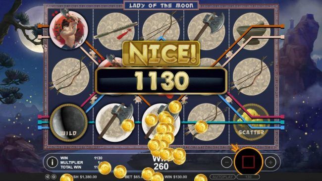 A 1,130 coin jackpot awarded for free spins play.