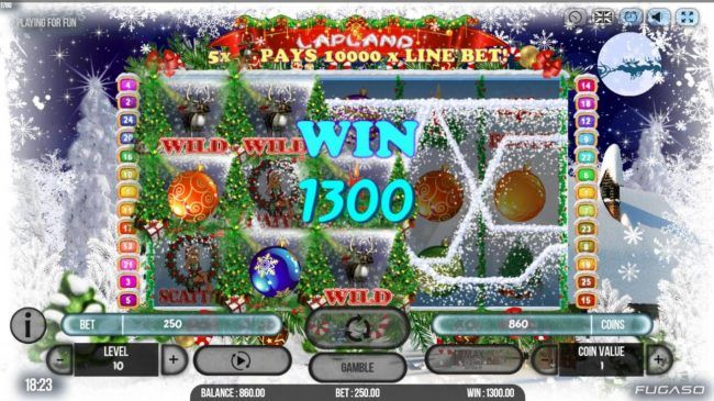 A 1300 coin jackpot win triggered by multiple winning paylines