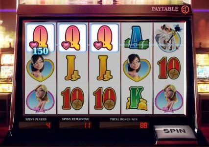 three of a kind pays out a 150 coin jackpot durinf the free spins feature