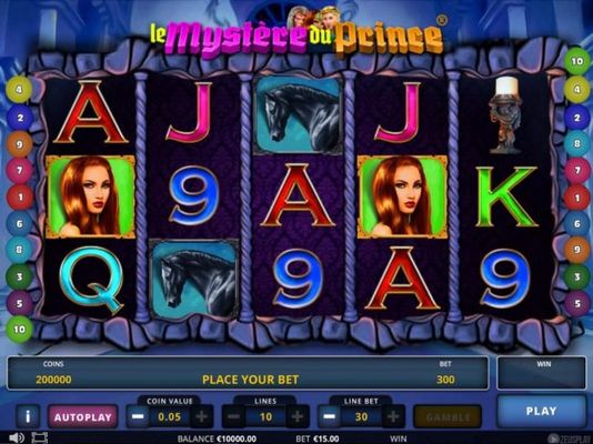 Main game board featuring five reels and 10 paylines with a $405,000 max payout.