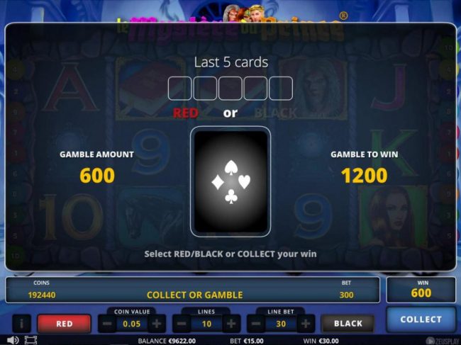 Gamble Feature - To gamble any win press Gamble then select Red or Black.