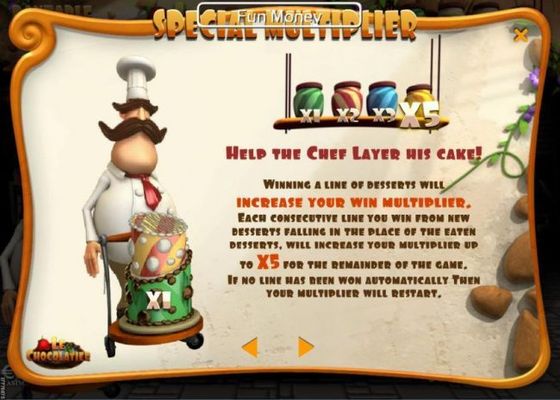 Special Multiplier - Help the chef layer his cakes. Winning a line of desserts will increase your win multiplier. Each consecutive line you win from new desserts falling in the place of the eaten desserts, will increase your multiplier up to x5 for the re