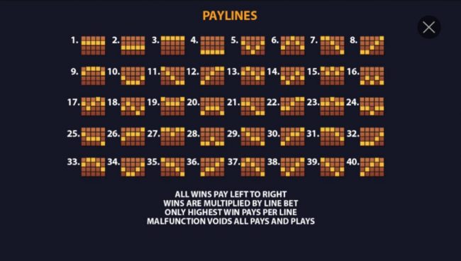 Payline Diagrams 1-40. All wins pay left to right. Wins are multiplied by line bet. Only highest win pays per line.