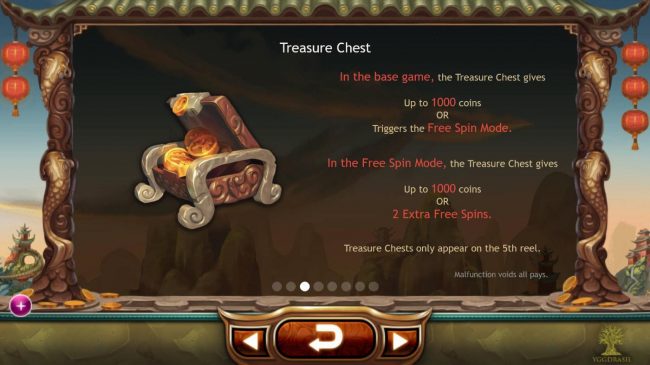 Landing a Treasure Chest symbol on the 5th reel awards up to 1000 coins or triggers the Free Spins Mode.