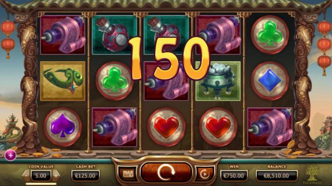 A 150 coin payout triggered by a Five of a Kind.
